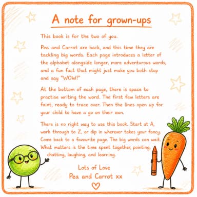 A spread from My First A to Z of Big Words with Pea & Carrot